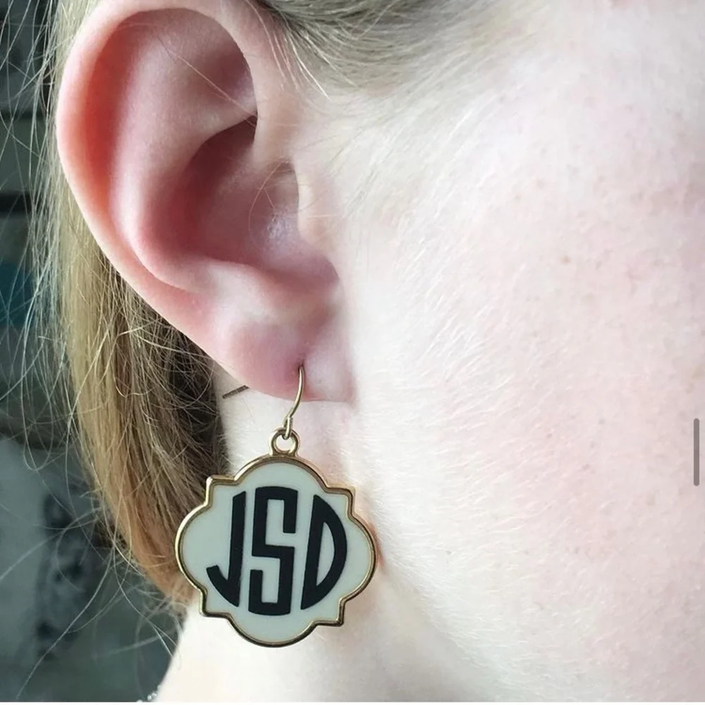 Custom Monogram Earrings Dangly Quatrefoil Cream Gold Pink Black Silver White